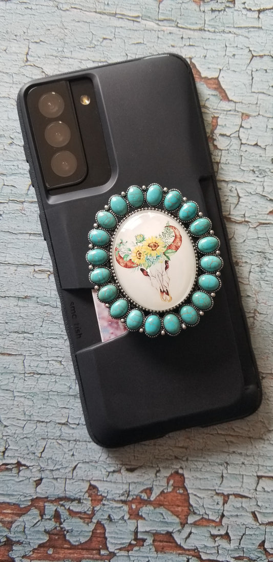 Turquoise Stone Steer Skull Bedazzled Phone Grip