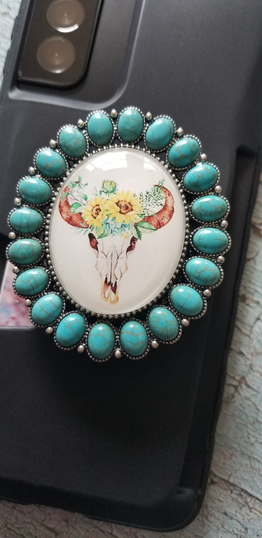 Turquoise Stone Steer Skull Bedazzled Phone Grip